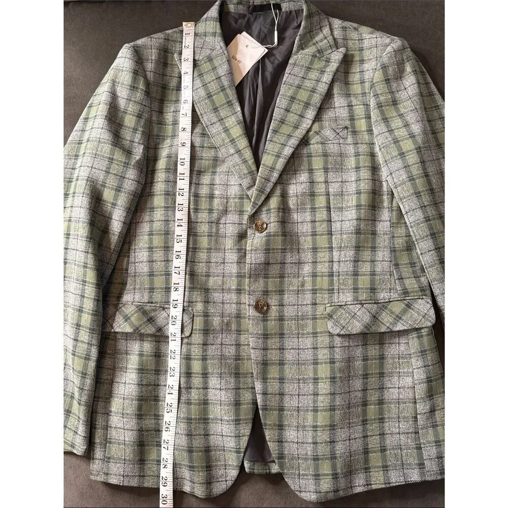 Mens Green Plaid Blazer Two-Button Sport Suit Jacket Coat Peak Lapel Size 40 NWT